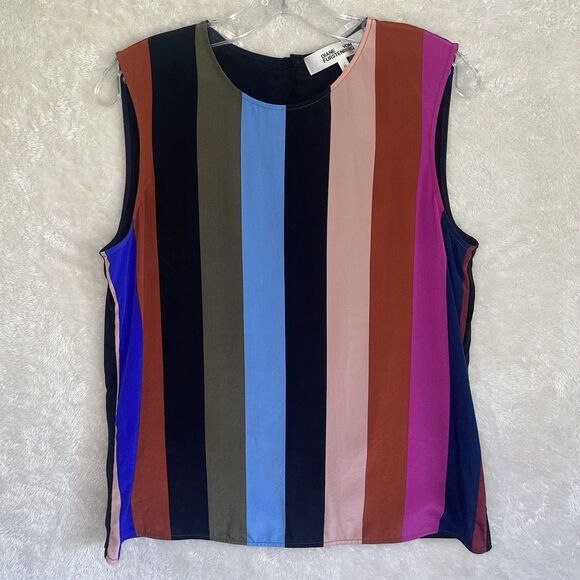 Diane Von Furstenberg Sleeveless Silk Colorful Top M Natural Classic Blouse - Picture 2 of 9